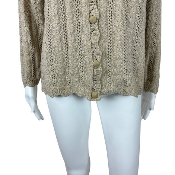 Vintage 80s Tan Cardigan Women's Medium Cable Knit Granny Sweater - Picture 6 of 10